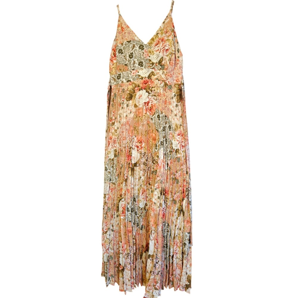Jessica Simpson Floral Paisley Pleated Maxi Dress Boho V-Neck Tie Back Peach M
